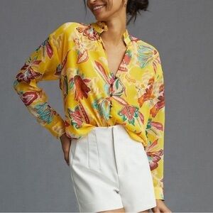 Anthro Pilcro Yellow Multicolor Floral Long Sleeve Button Front Tavi Blouse